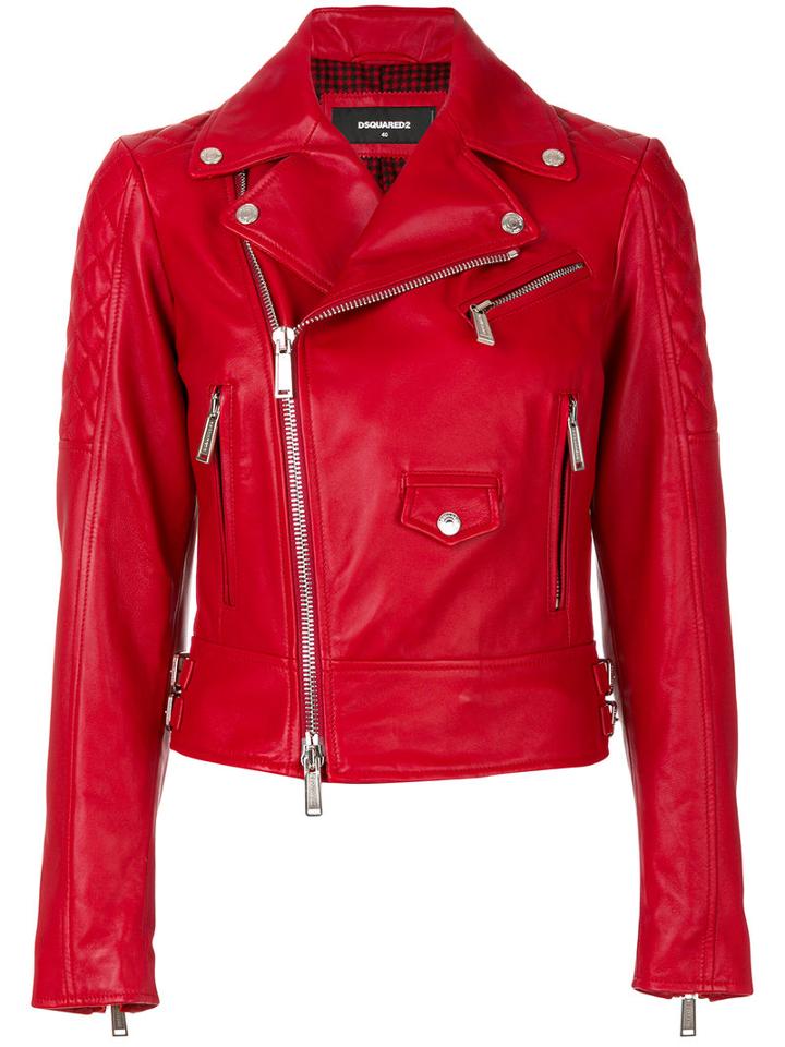 Dsquared2 - Biker Jacket - Women - Cotton/calf Leather/polyester/virgin Wool - 42, Red, Cotton/calf Leather/polyester/virgin Wool