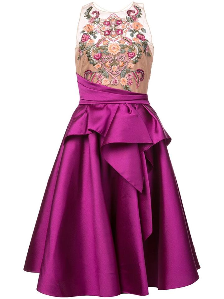 Marchesa Notte Embroidered Top Flared Dress - Pink & Purple