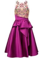 Marchesa Notte Embroidered Top Flared Dress - Pink & Purple