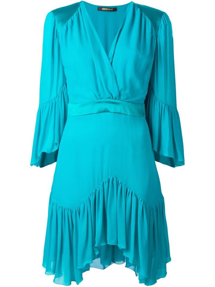 Roberto Cavalli Pleated V-neck Dress, Women's, Size: 40, Blue, Silk