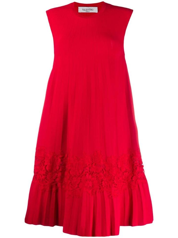 Valentino Lace Panel Pleated Dress - Red