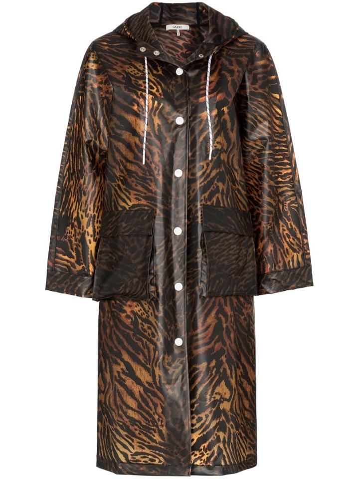 Ganni Tiger Print Hooded Raincoat - Brown