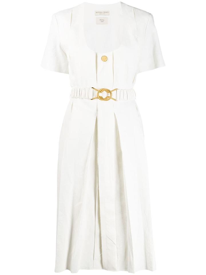 Bottega Veneta Belted Midi Pleated Dress - White