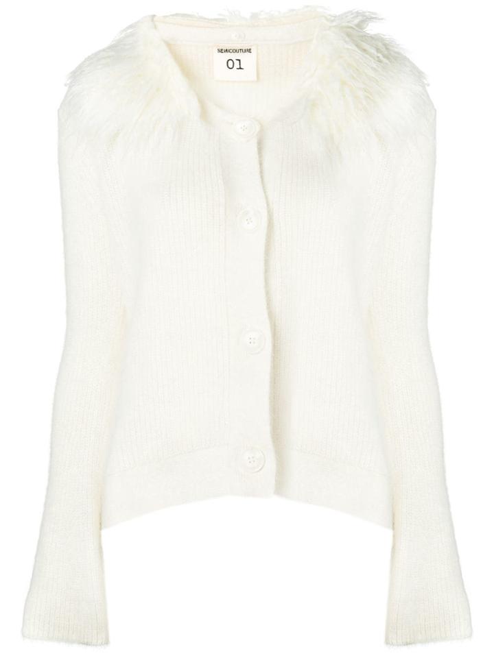 Semicouture Faux Fur Collar Cardigan - White