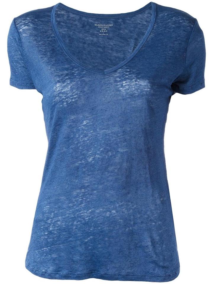 Majestic Filatures V-neck T-shirt, Women's, Size: Ii, Blue, Linen/flax