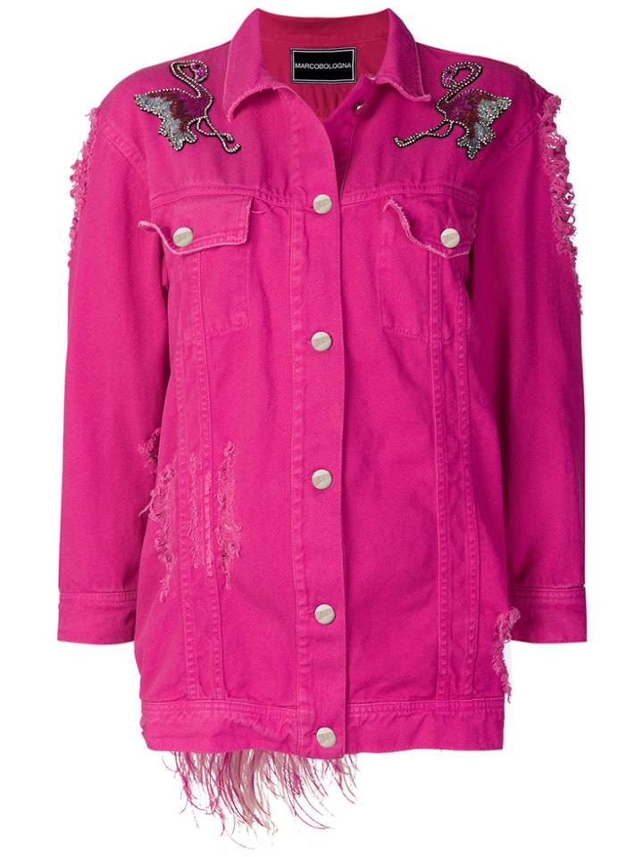 Marco Bologna Distressed Flamingo Denim Jacket - Pink & Purple