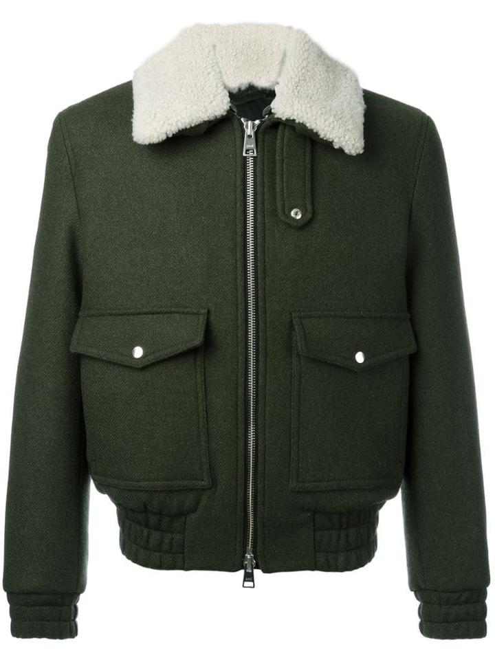 Ami Paris Zipped Jacket With Shearling Collar - Green