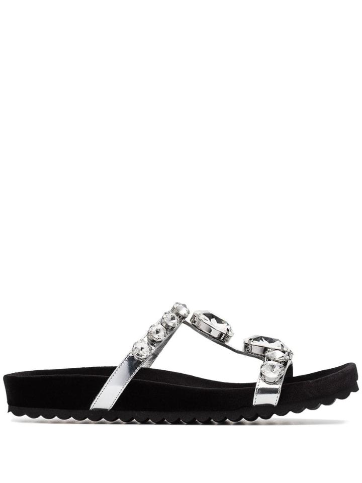 Miu Miu Crystal Strap Flat Sandals - Silver