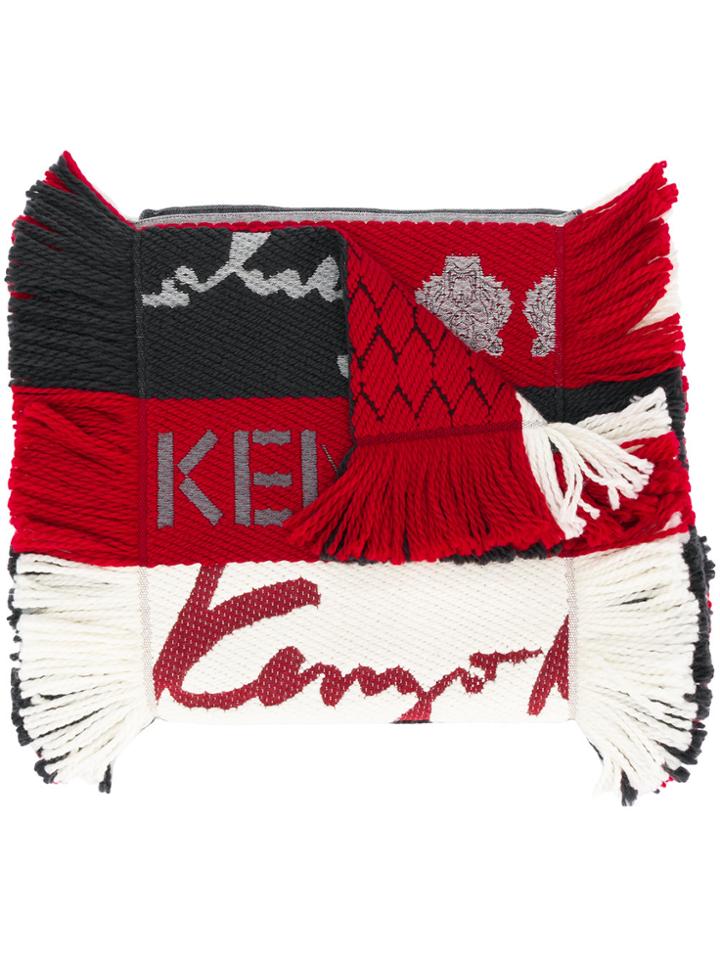 Kenzo Fringed Striped Scarf - Red