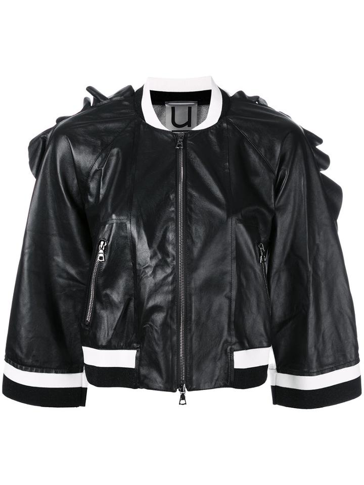 Aviù - Ruffle Trim Cropped Jacket - Women - Leather/polyamide/polyester/metallized Polyester - L, Black, Leather/polyamide/polyester/metallized Polyester