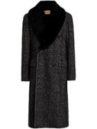 Burberry Detachable Shearling Collar Wool Silk Blend Coat - Black