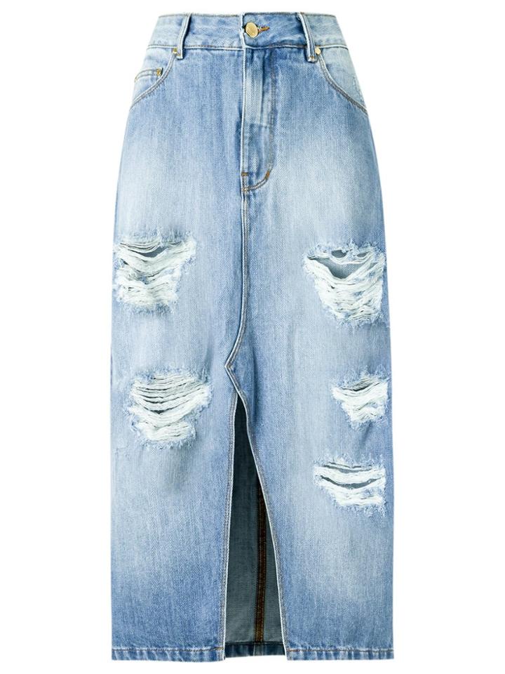 Amapô Distressed Midi Denim Skirt - Blue