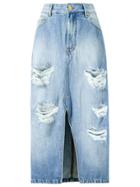 Amapô Distressed Midi Denim Skirt - Blue