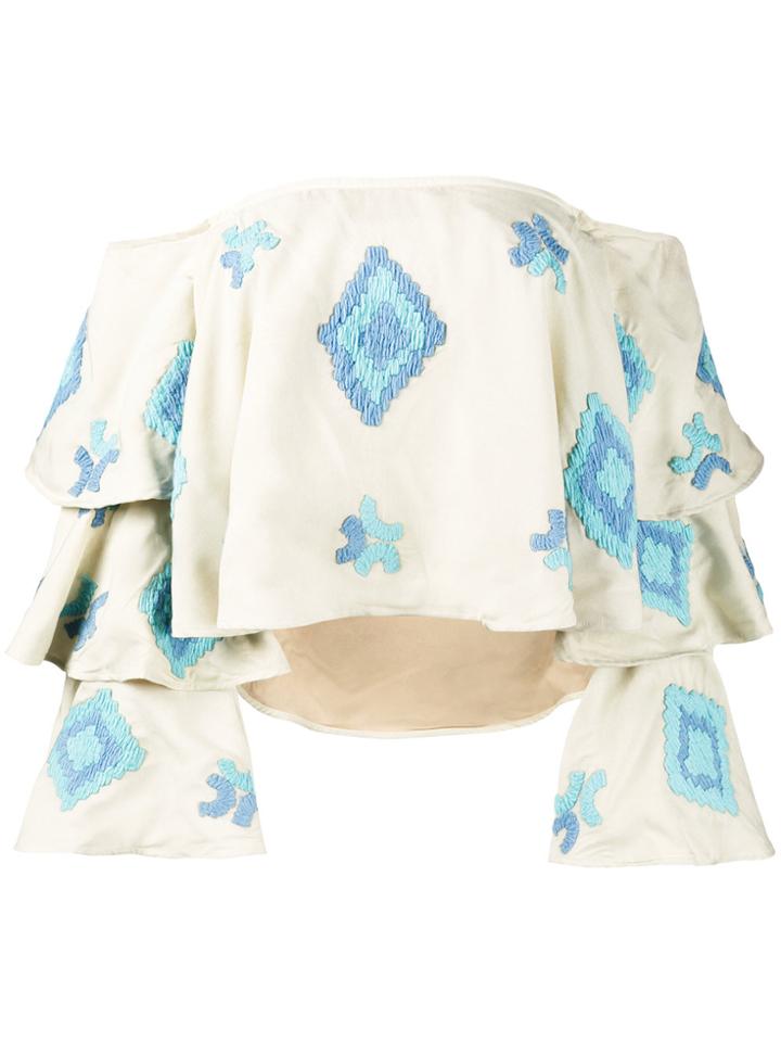 All Things Mochi Embroidered Off-shoulder Top - Nude & Neutrals