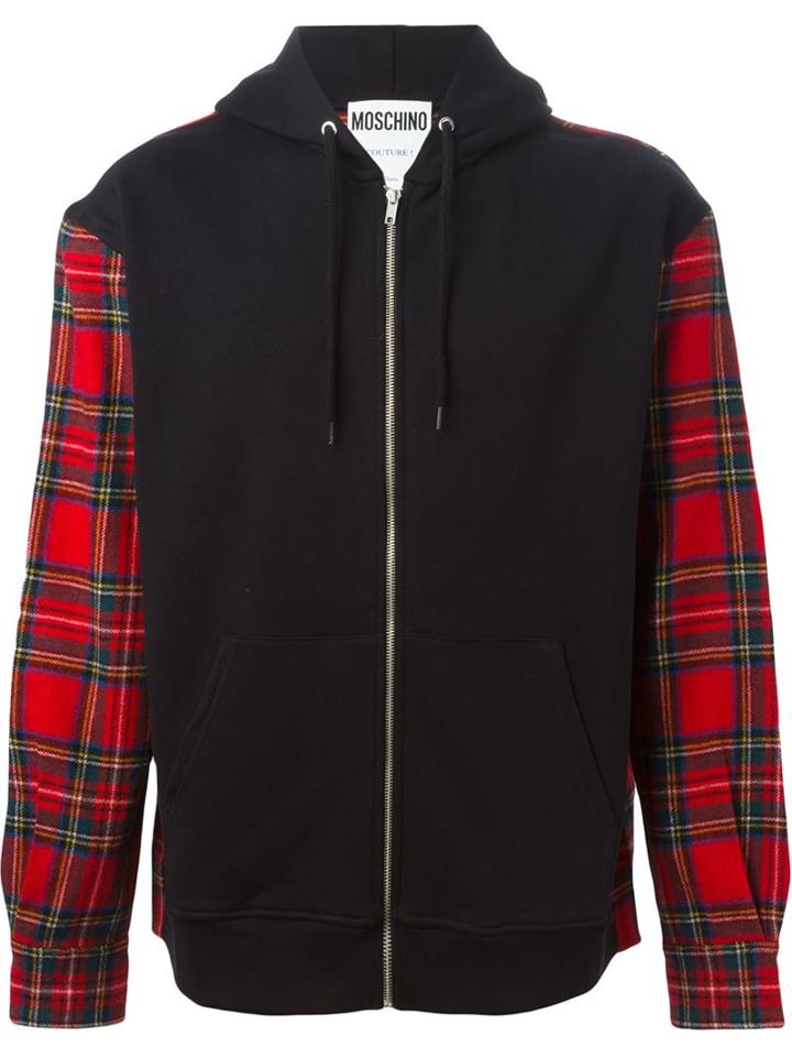 Moschino Tartan Sleeve Hoodie, Men's, Size: 50, Black, Cotton/virgin Wool/other Fibres