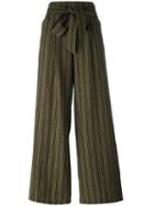 Masscob Belted Straight Striped Trousers, Women's, Size: 40, Green, Cotton/linen/flax/polyamide/wool
