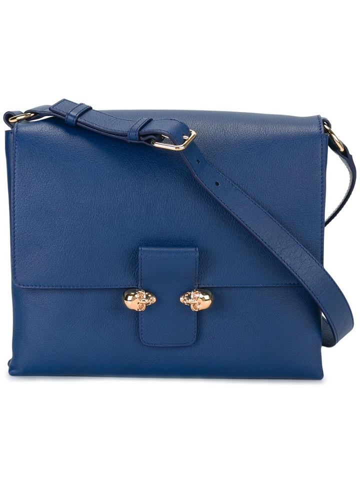 Alexander Mcqueen Twin Skull Satchel, Women's, Blue, Calf Leather