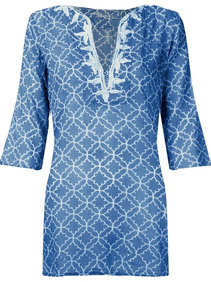 Sub V-neck Printed Kaftan, Women's, Size: Medium, Blue, Cotton