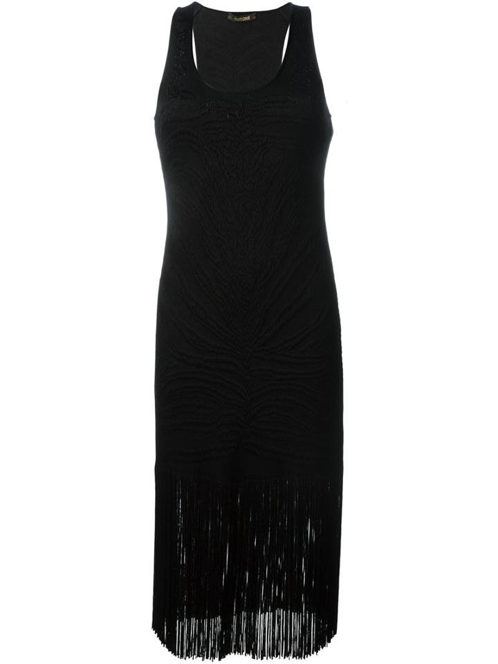 Roberto Cavalli Fringed Hem Fitted Dress, Women's, Size: 40, Black, Viscose/polyester