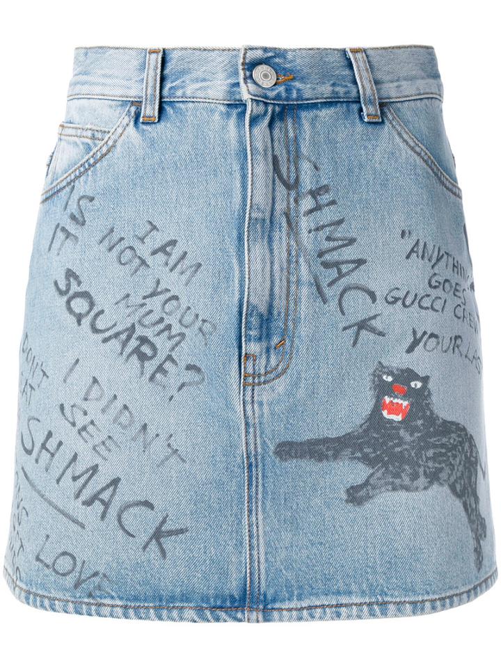 Gucci Scribbled Writing Denim Mini Skirt, Women's, Size: 40, Blue, Cotton