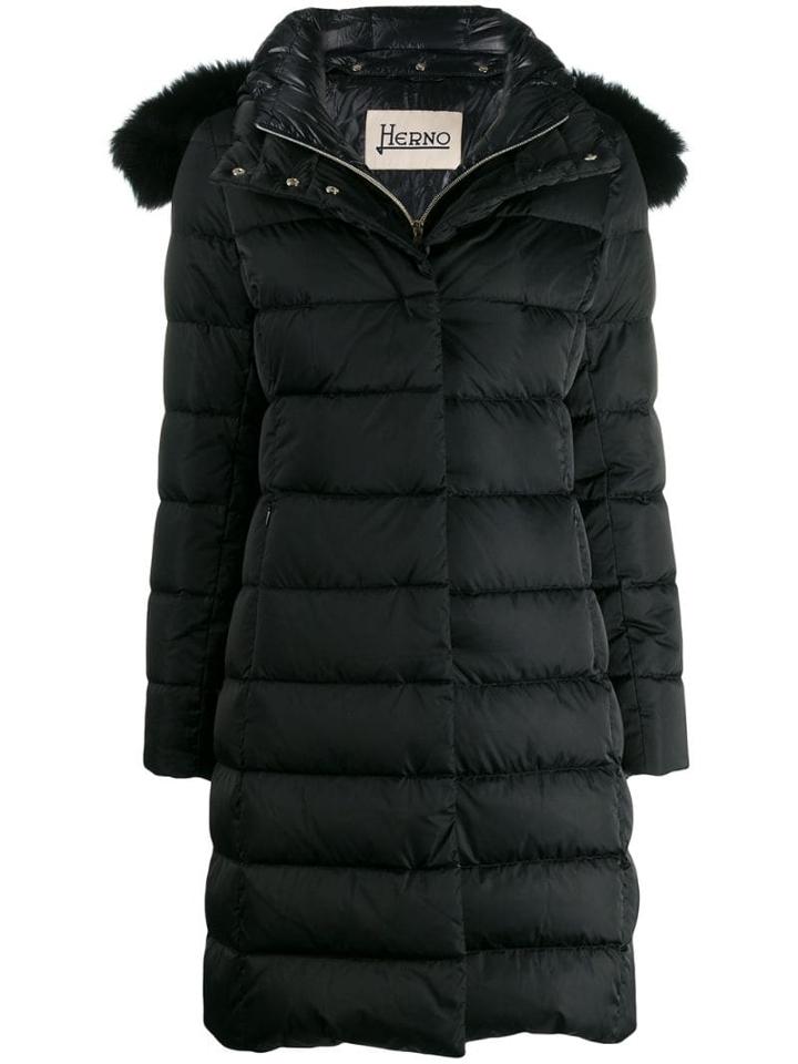 Herno Detacahable Fox Fur Hooded Padded Coat - Black
