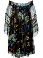 Dondup Floral Print Off-shoulder Dress, Women's, Size: 42, Black, Silk/polyamide/spandex/elastane