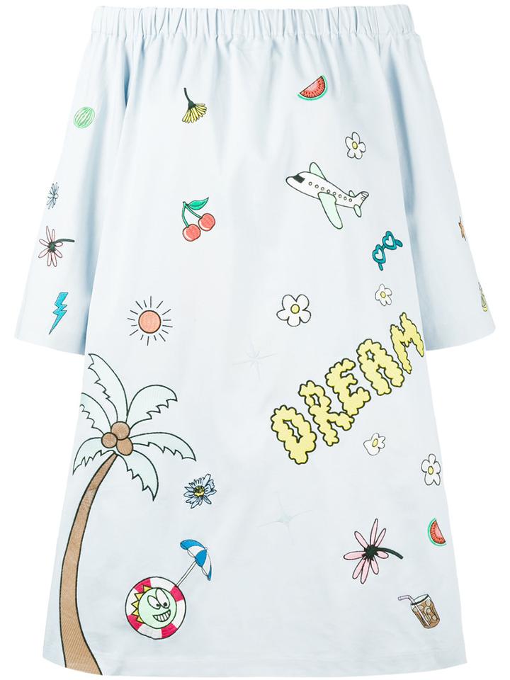 Mira Mikati Printed Off-shoulder Dress, Women's, Size: 40, Blue, Cotton/polyester