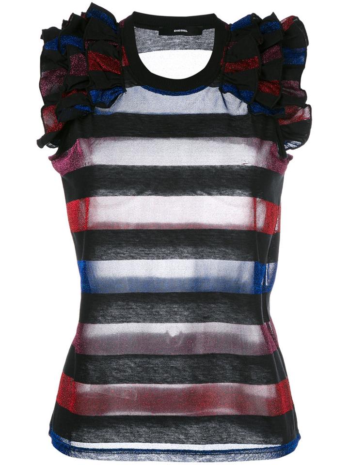 Diesel Ruffled Trim Striped Top, Women's, Size: Medium, Black, Cotton/polyester