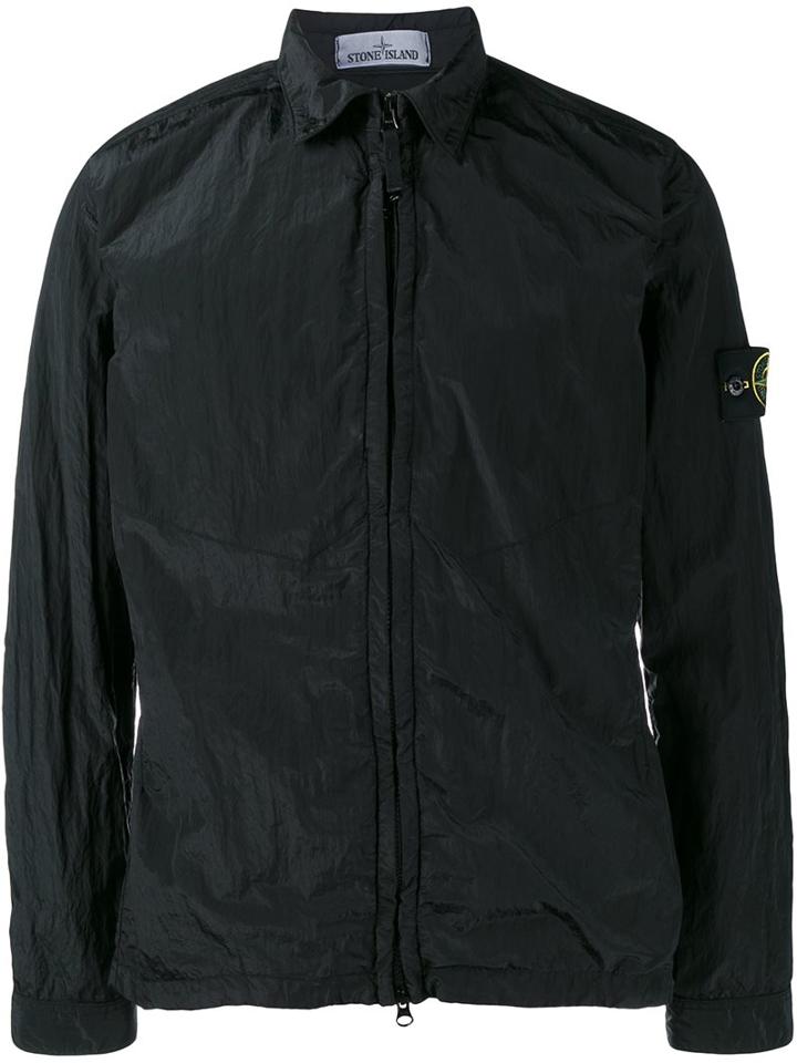 Stone Island Logo Badge Zip-up Jacket, Men's, Size: Large, Black, Cotton/polyamide