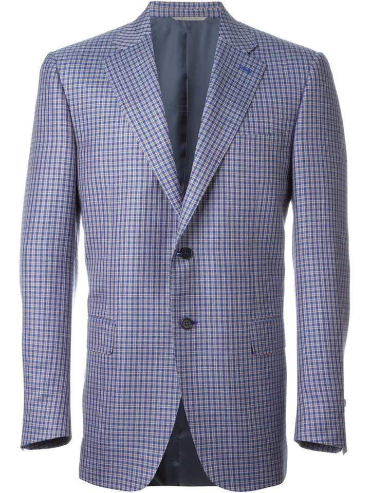 Canali Check Print Two Button Blazer, Men's, Size: 56, Blue, Silk/linen/flax/cupro/wool