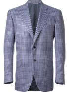 Canali Check Print Two Button Blazer, Men's, Size: 56, Blue, Silk/linen/flax/cupro/wool