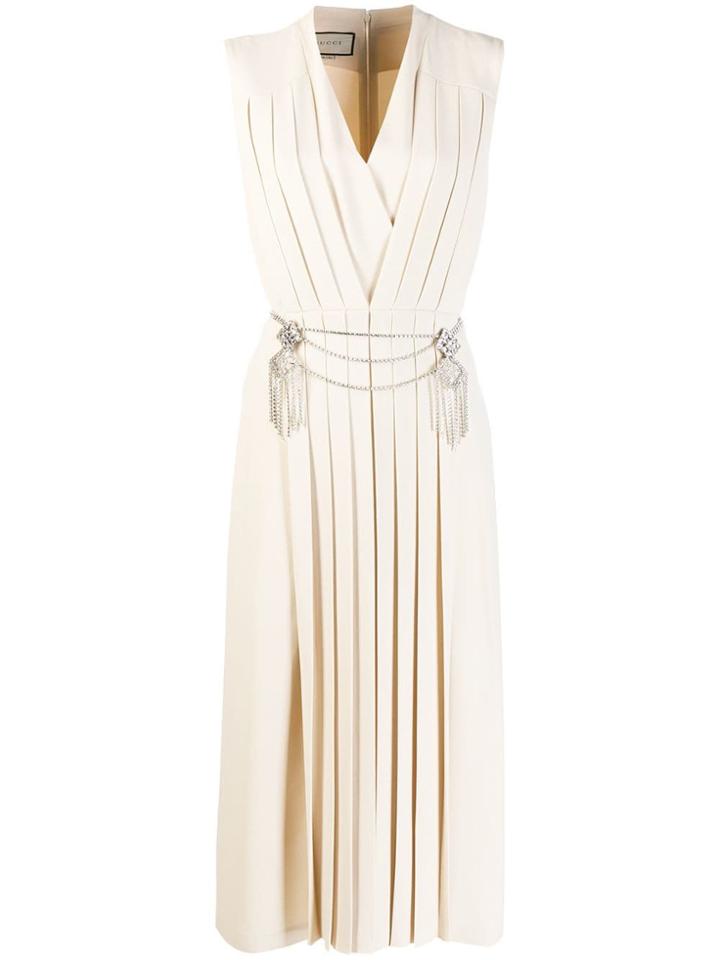 Gucci Pleated V-neck Dress - Neutrals