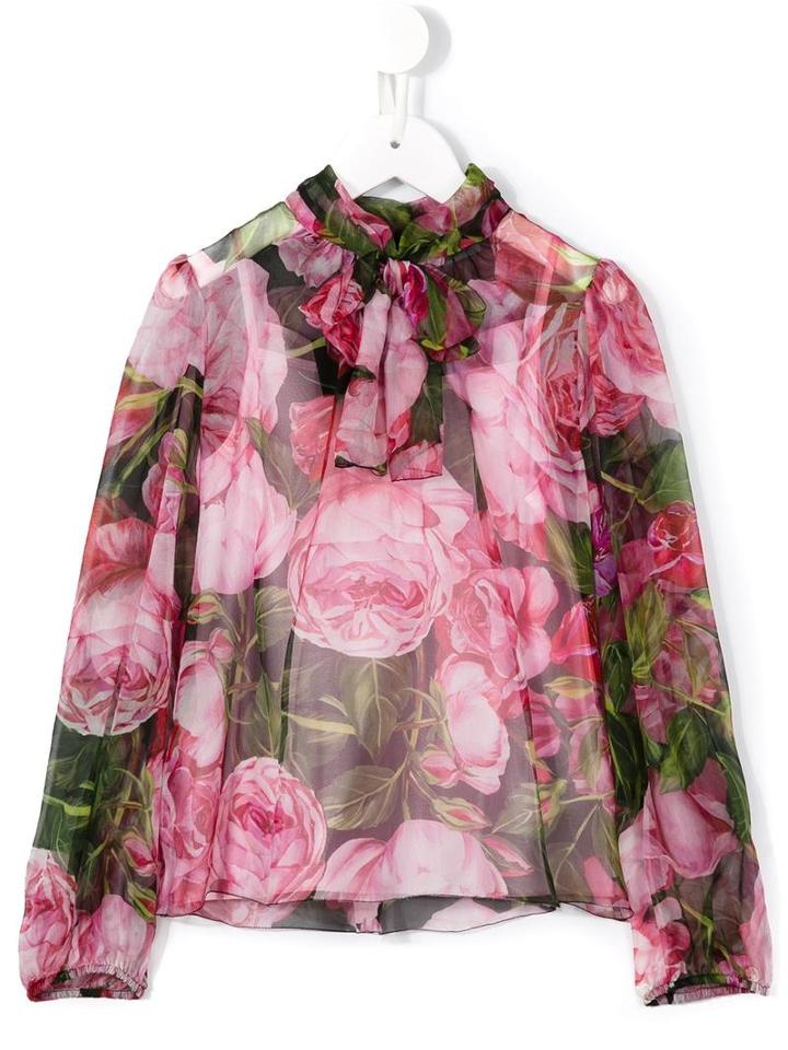 Dolce & Gabbana Kids Rose Print Pussy Bow Blouse, Girl's, Size: 8 Yrs, Pink/purple