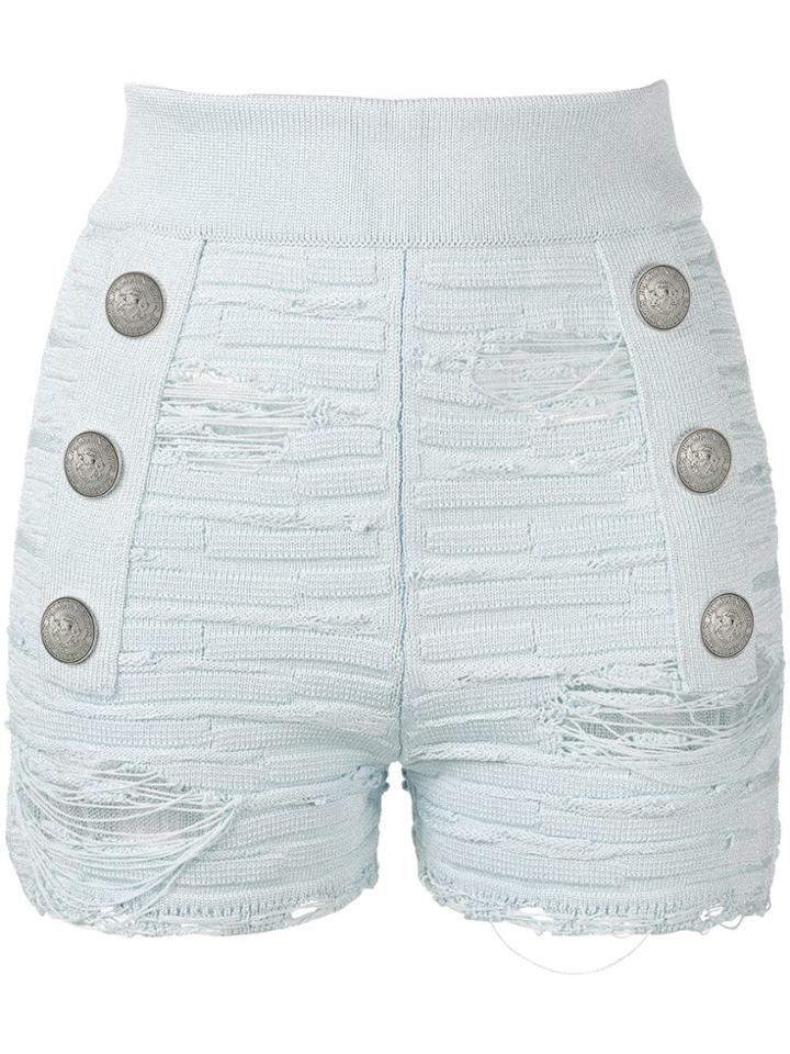 Balmain Bodycon Distressed Shorts - Blue