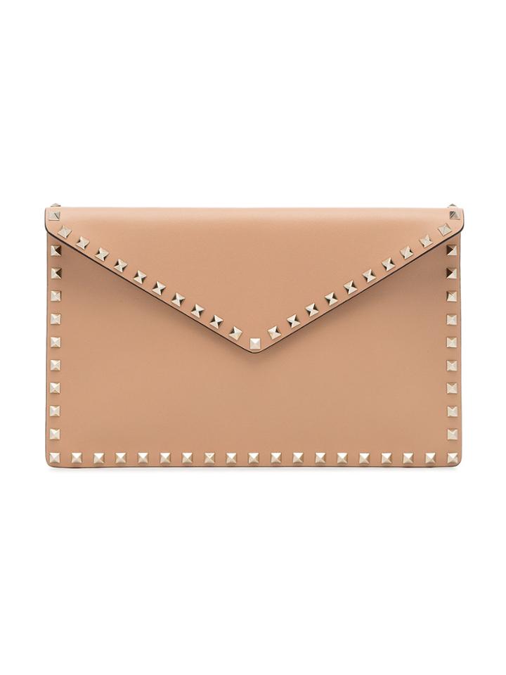 Valentino Beige Rockstud Leather Envelope Clutch - Nude & Neutrals
