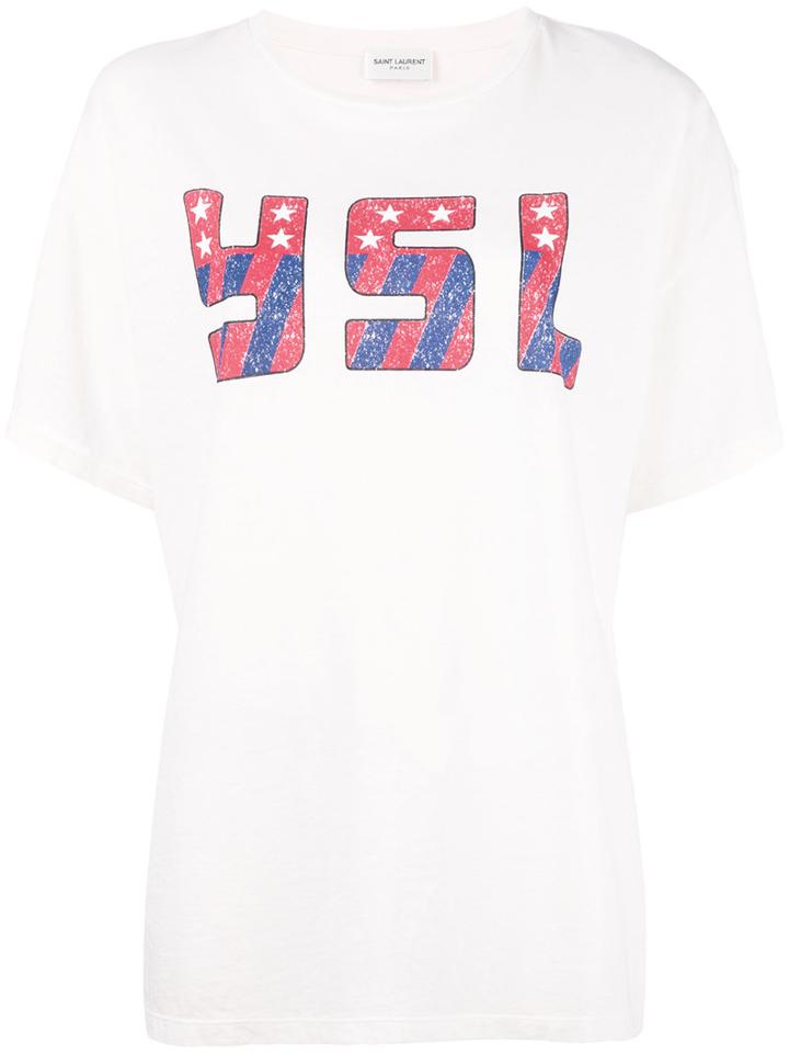 Saint Laurent Brand Print T-shirt, Women's, Size: Medium, Nude/neutrals, Cotton