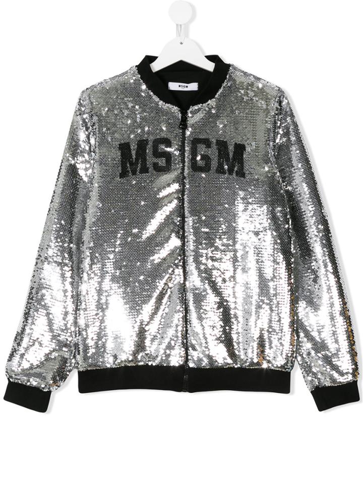 Msgm Kids Logo Sequin Embroidered Bomber Jacket - Metallic