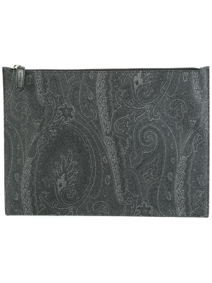 Etro Tonal Print Zipped Clutch, Men's, Grey