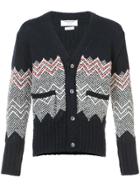 Thom Browne V-neck Cardigan With Chevron Fair Isle In Navy Cashmere -