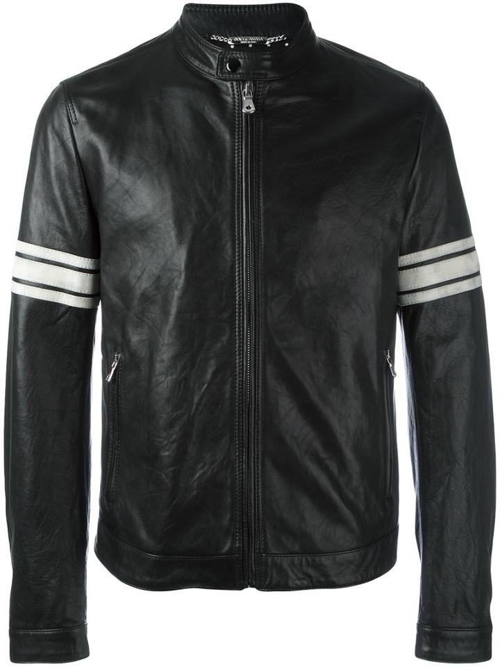 Dolce & Gabbana Striped Sleeve Bomber Jacket, Men's, Size: 50, Black, Lamb Skin/calf Leather/polyester/cotton