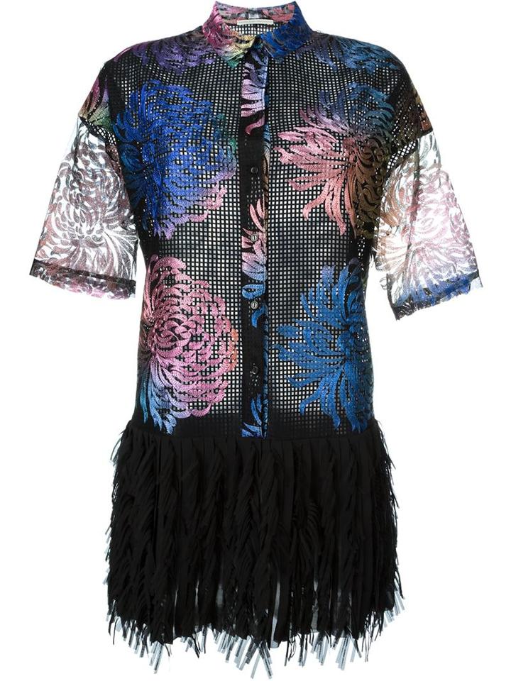 Marco De Vincenzo Mesh Semi Sheer Floral Print Drop Pleated Waist Dress