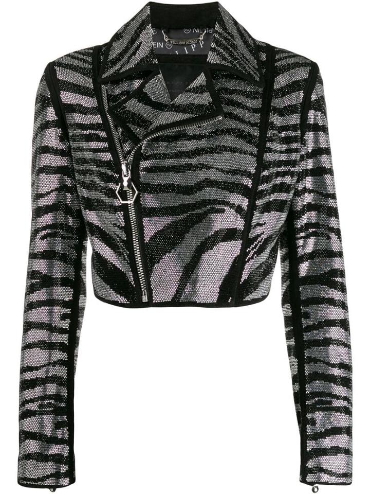 Philipp Plein Zebra-pattern Crystal Biker Jacket - Black