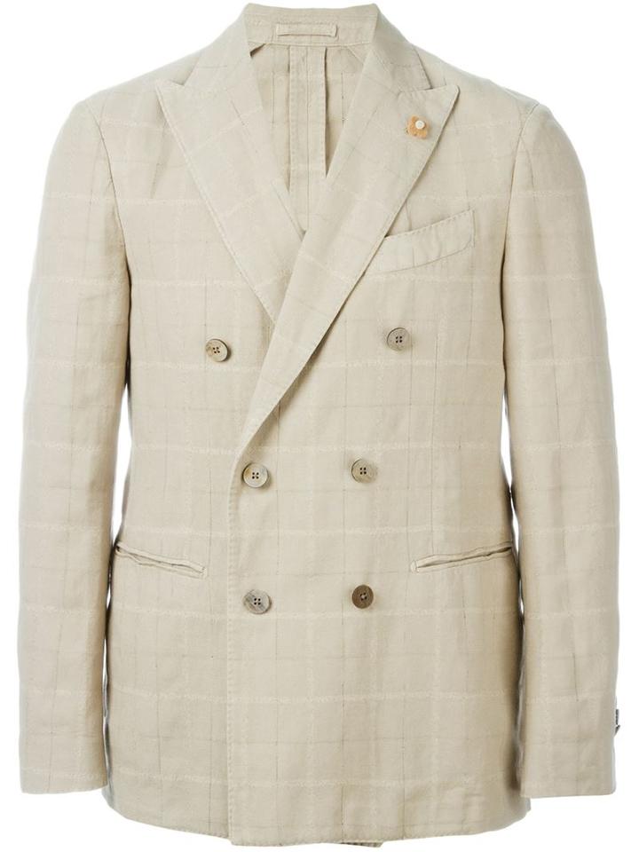 Lardini Double Breasted Blazer, Men's, Size: 50, Nude/neutrals, Cotton/linen/flax/nylon/polyester
