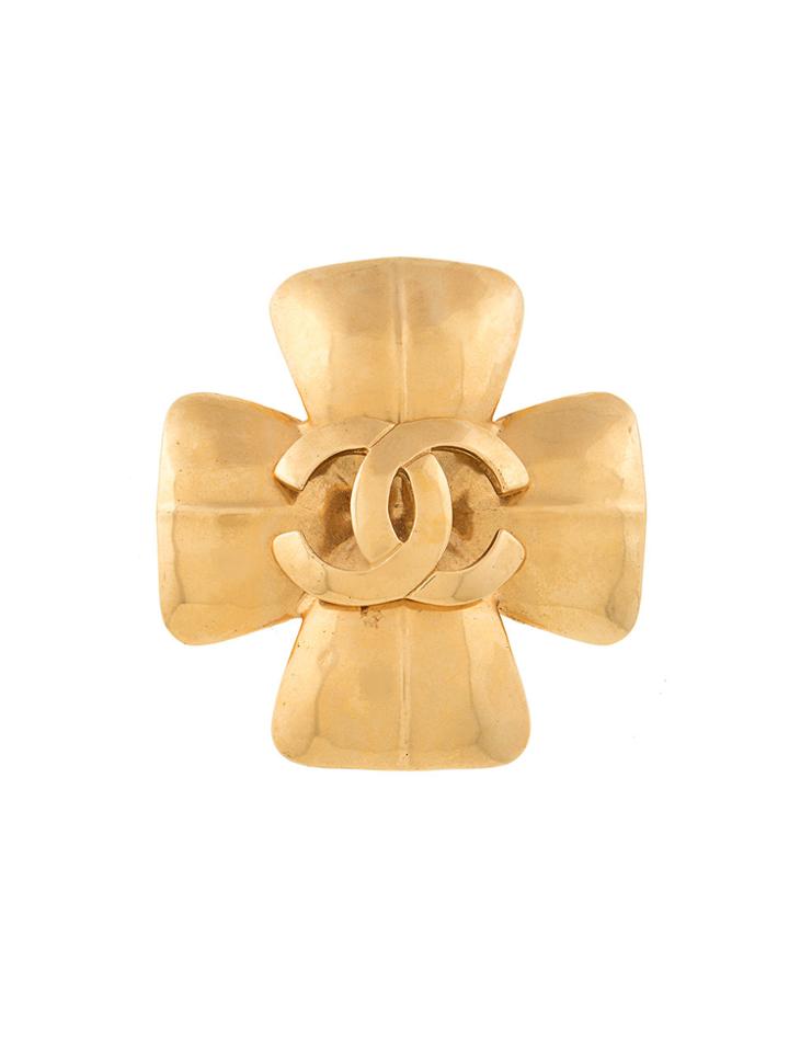 Chanel Vintage Clover Cc Brooch - Metallic