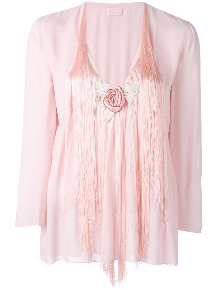 Giamba - Fringed V-neck Blouse - Women - Polyester/acetate/viscose - 40, Women's, Pink/purple, Polyester/acetate/viscose