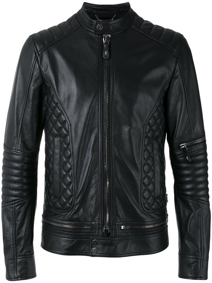 Philipp Plein Quilted Panel Biker Jacket, Men's, Size: Medium, Black, Calf Leather/viscose