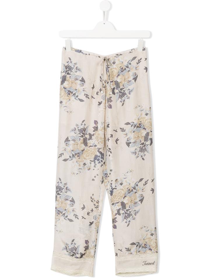 Twin-set Kids Embroidered Logo Floral Print Trousers - Nude & Neutrals