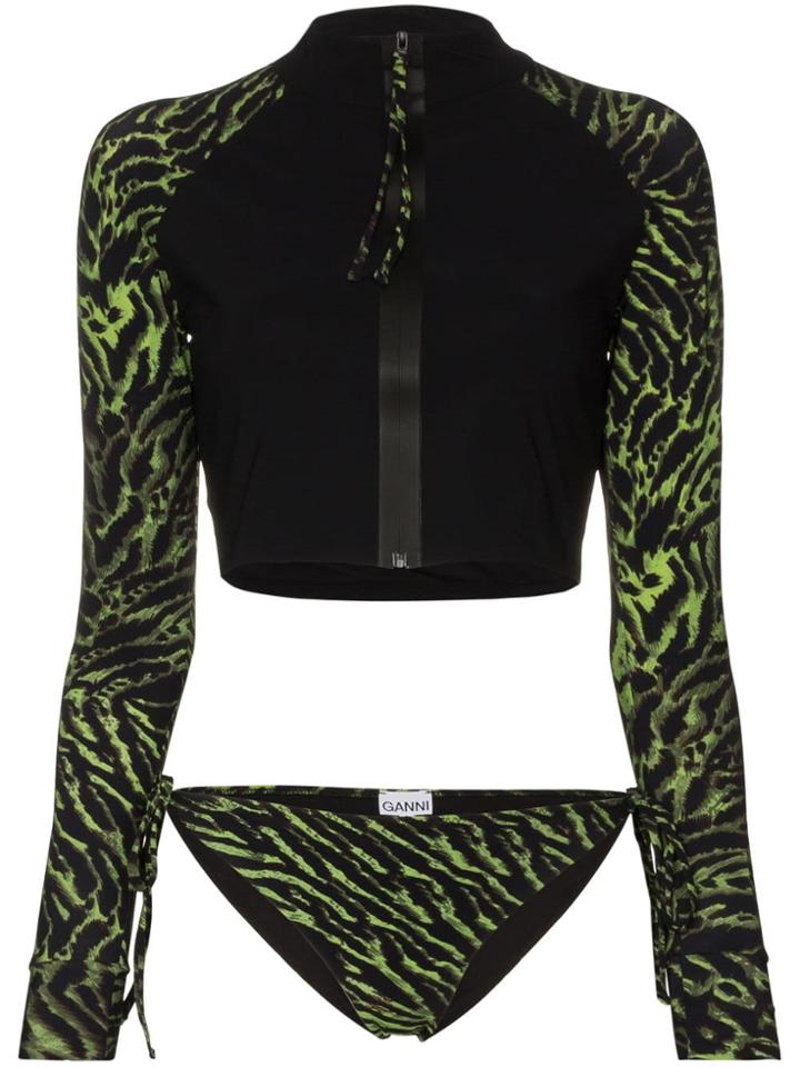 Ganni Tiger Print Zip Bikini Set - Black