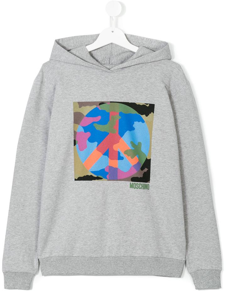 Moschino Kids - Peace Logo Hoodie - Kids - Cotton/spandex/elastane - 14 Yrs, Grey
