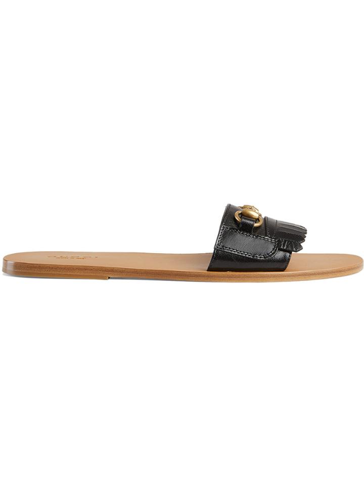 Gucci Fringe Leather Horsebit Slides - Black